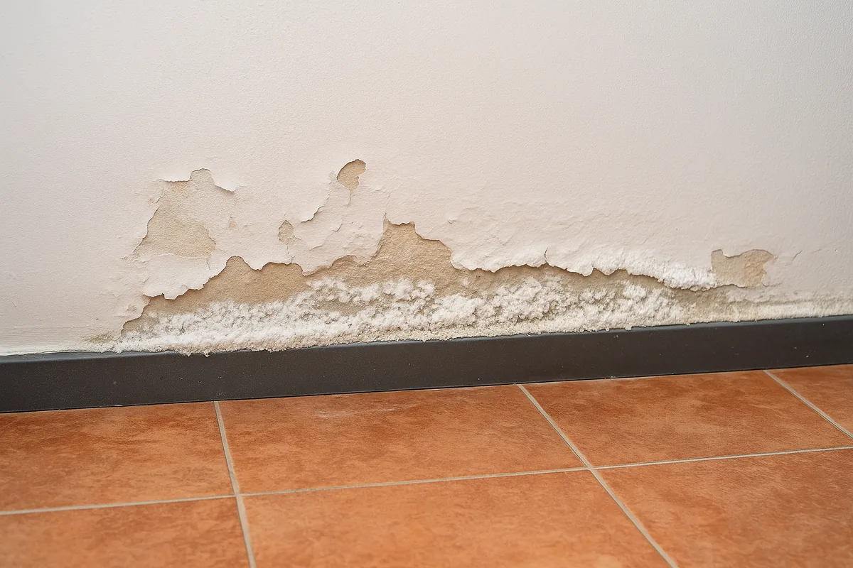 Zócalo con salitre y pintura desconchada por capilaridad en vivienda de Getxo